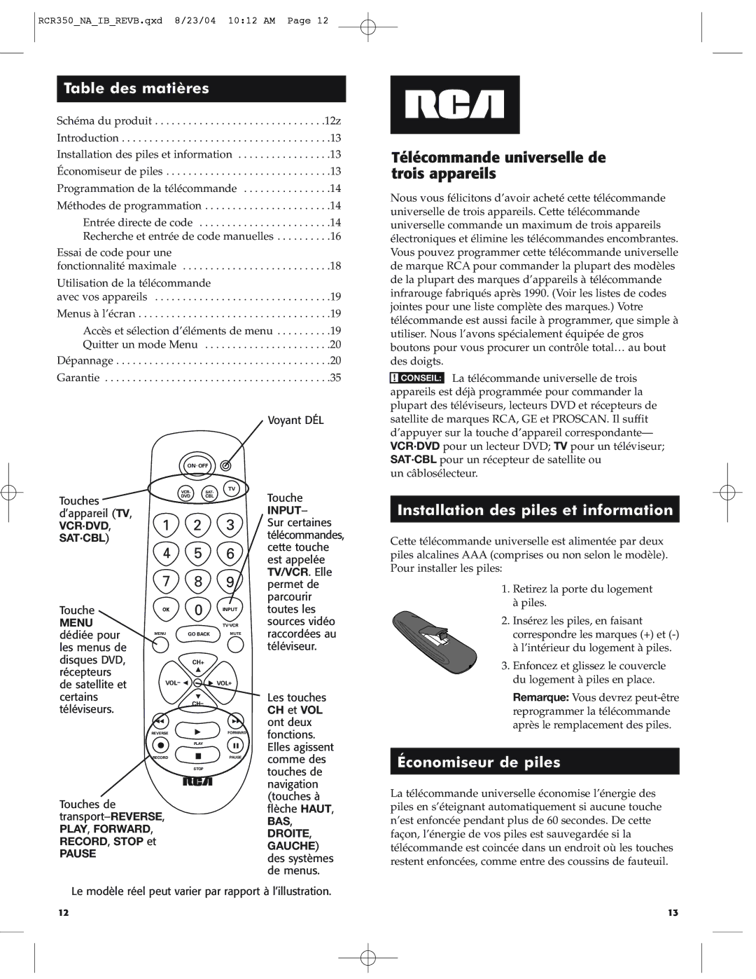 RCA RCR350 manual Table des matières, Installation des piles et information, Économiseur de piles 