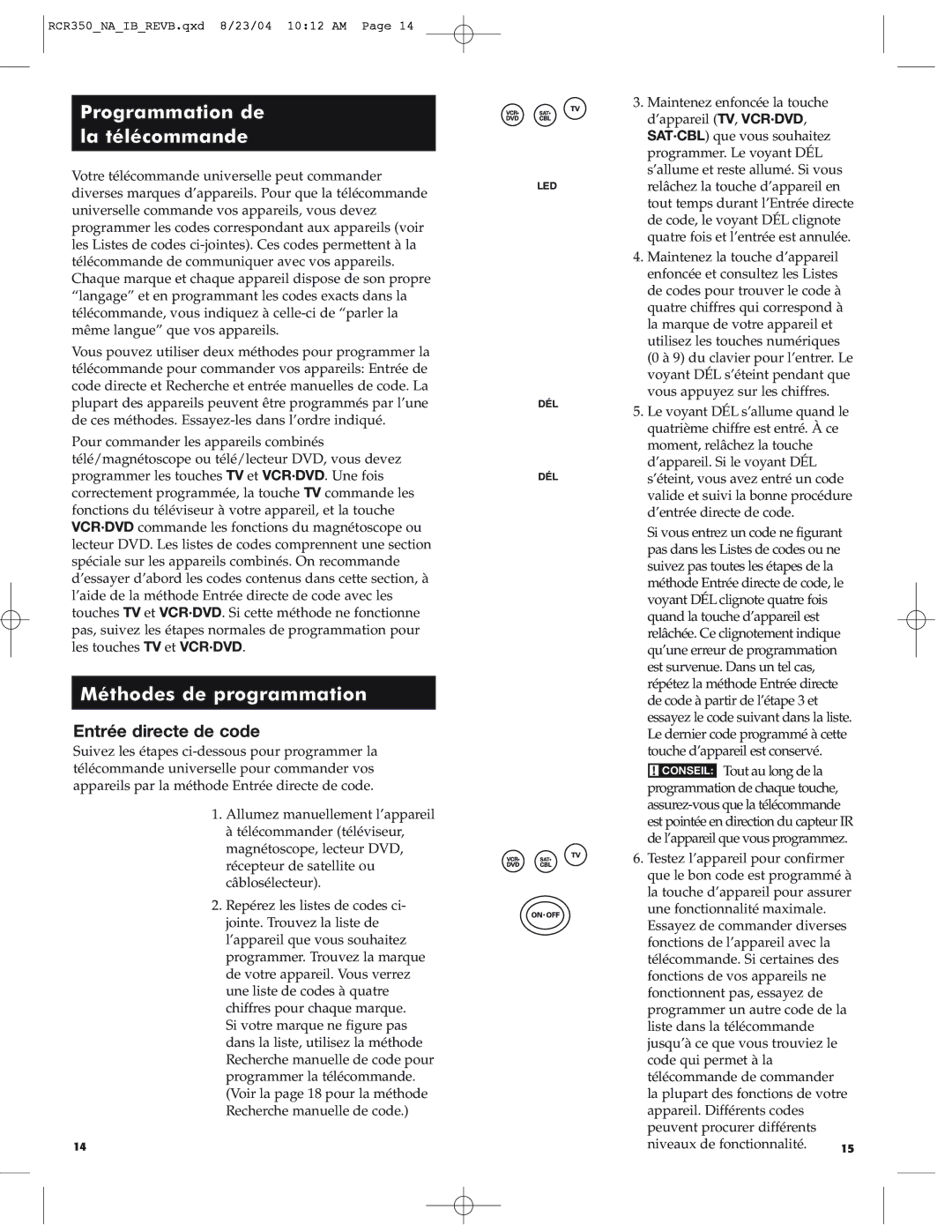 RCA RCR350 manual Programmation de la télécommande, Méthodes de programmation, Entrée directe de code 