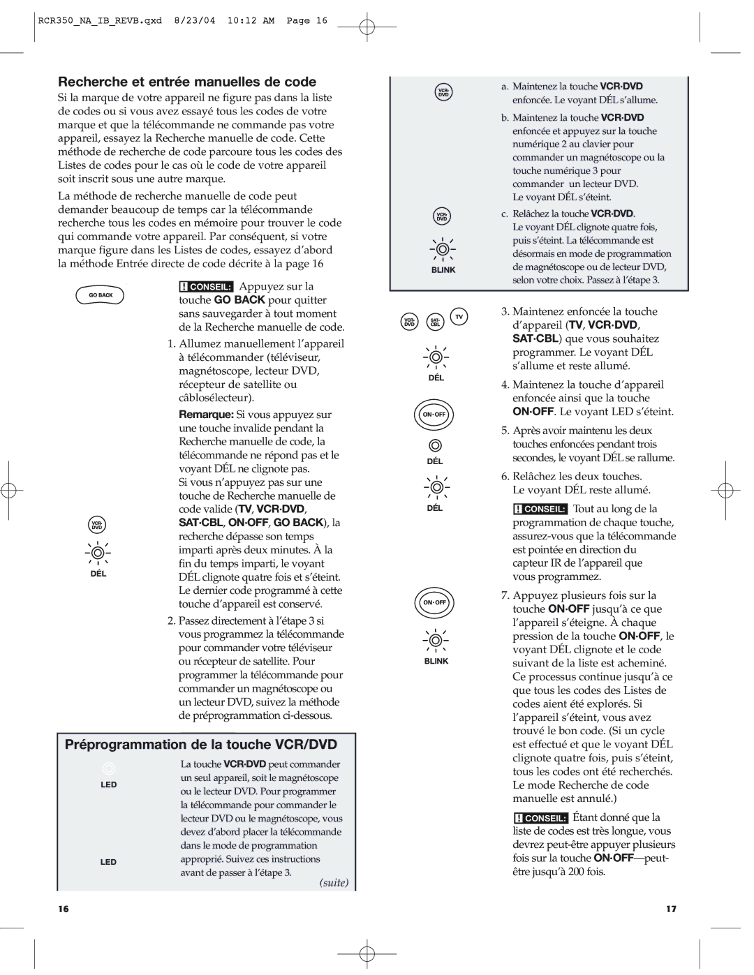 RCA RCR350 manual Recherche et entrée manuelles de code, Préprogrammation de la touche VCR/DVD 