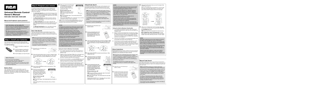RCA RCR412SIN owner manual Manual del Propietario parte posterior, Battery Saver, Auto Code Search, Brand Code Search 