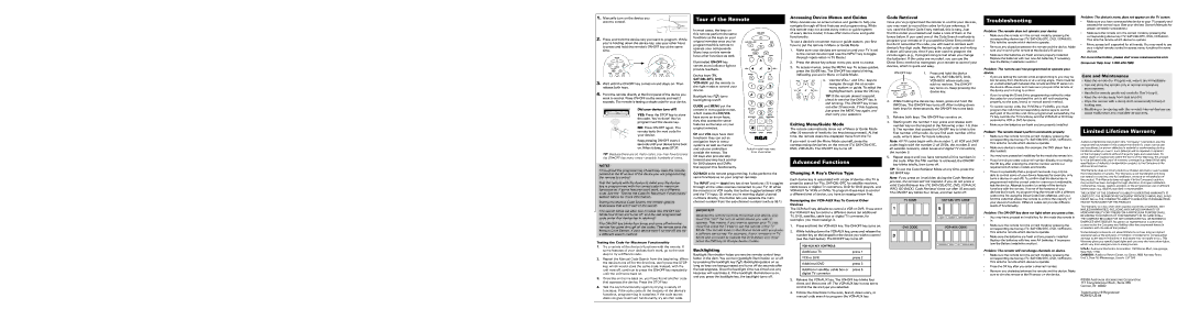 RCA RCR412SN, RCR412BN Accessing Device Menus and Guides, Code Retrieval, Exiting Menu/Guide Mode, Care and Maintenance 