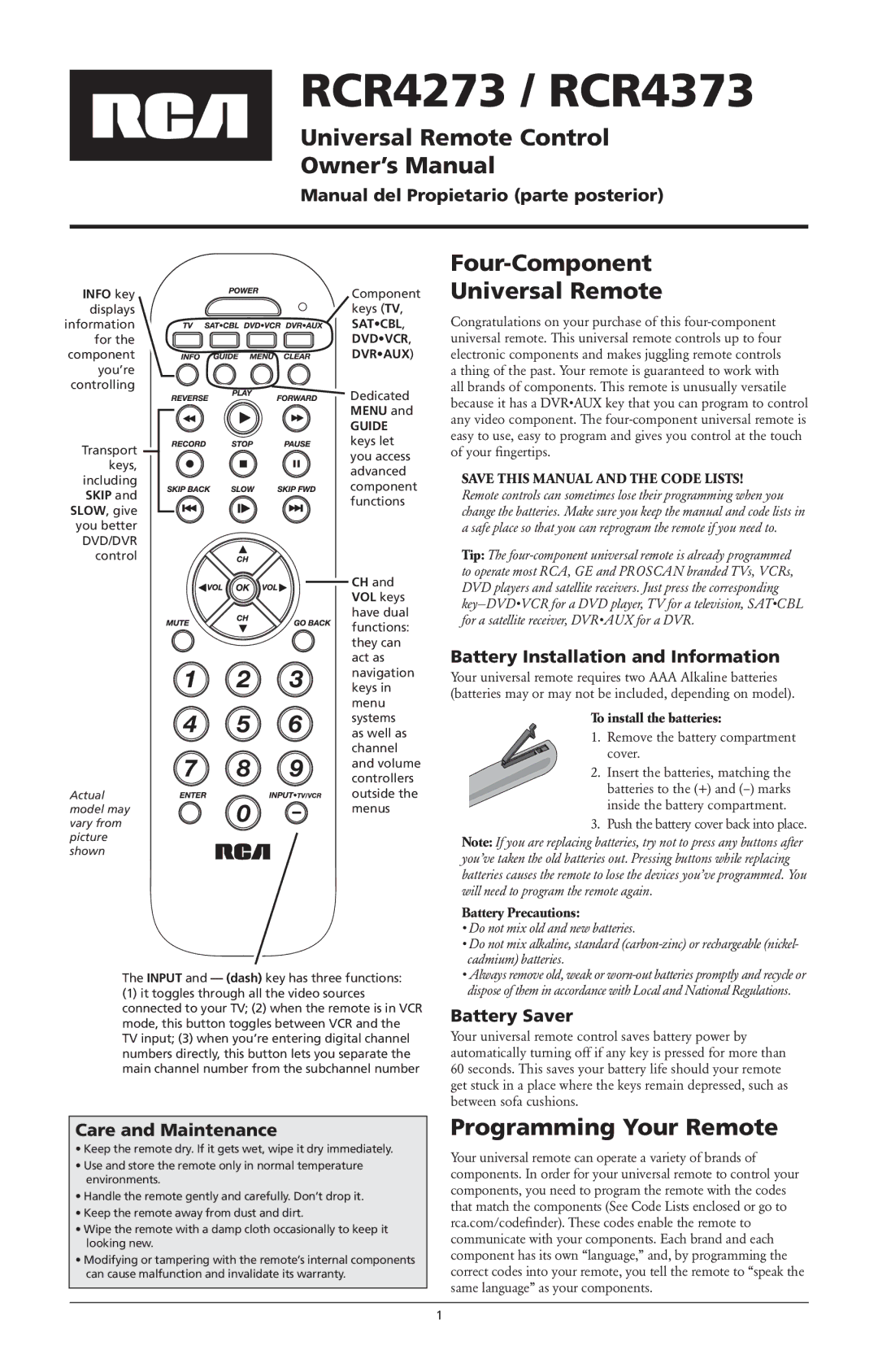 RCA RCR4373, RCR4273 owner manual Universal Remote Control, Four-Component Universal Remote, Programming Your Remote 