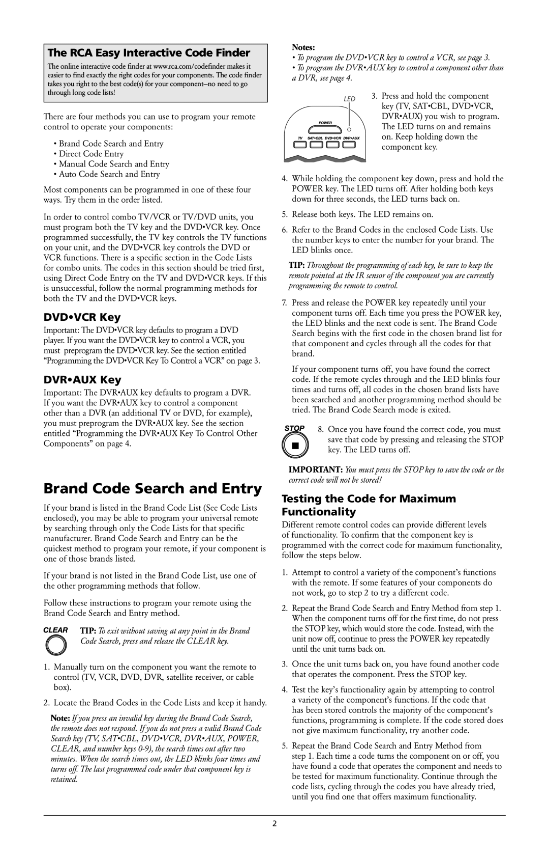 RCA RCR4273, RCR4373 owner manual Brand Code Search and Entry, RCA Easy Interactive Code Finder, Dvdvcr Key, Dvraux Key 