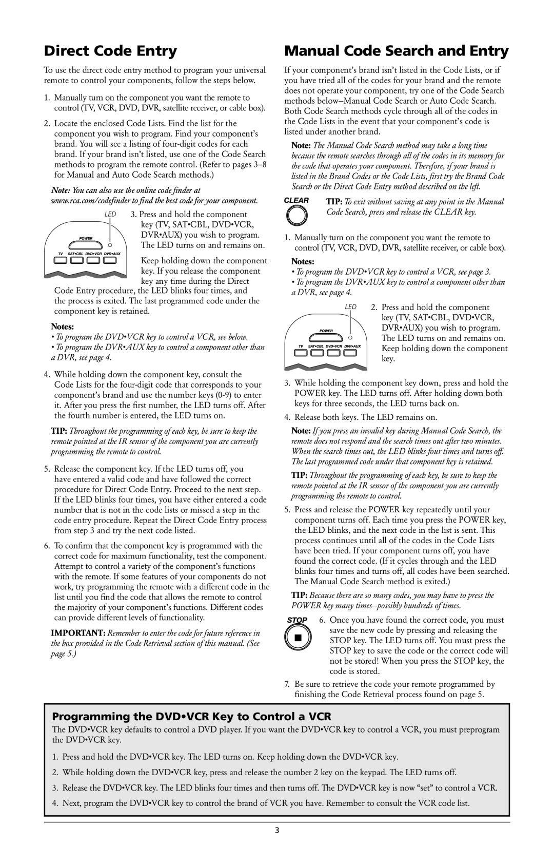 RCA RCR4373, RCR4273 Direct Code Entry, Manual Code Search and Entry, Programming the Dvdvcr Key to Control a VCR 