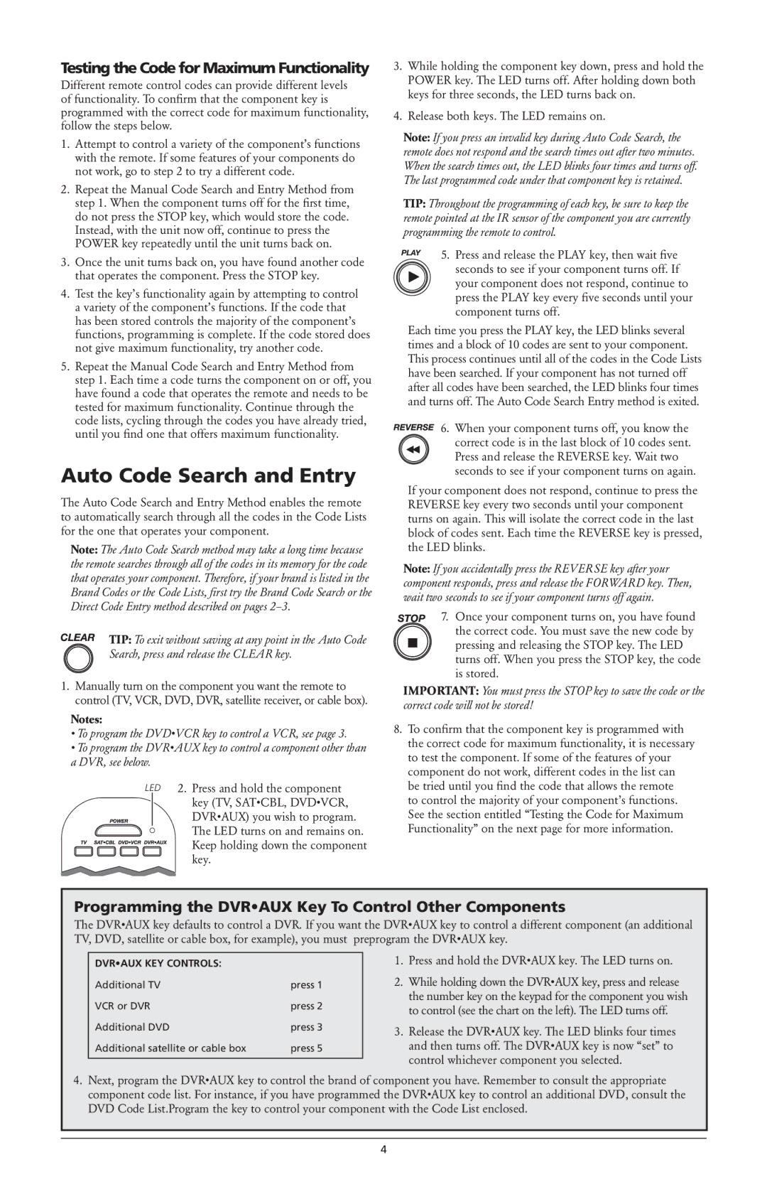 RCA RCR4273, RCR4373 owner manual Auto Code Search and Entry, Programming the Dvraux Key To Control Other Components 