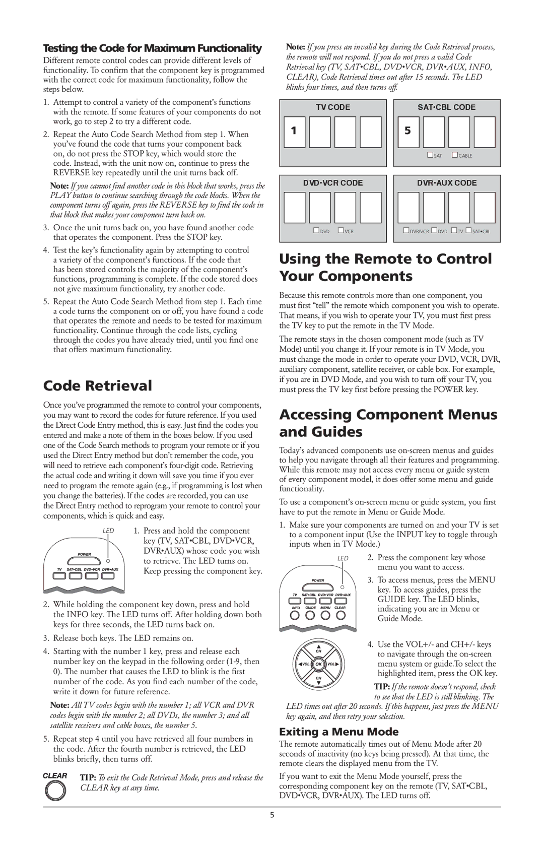 RCA RCR4373, RCR4273 Code Retrieval, Using the Remote to Control Your Components, Accessing Component Menus and Guides 