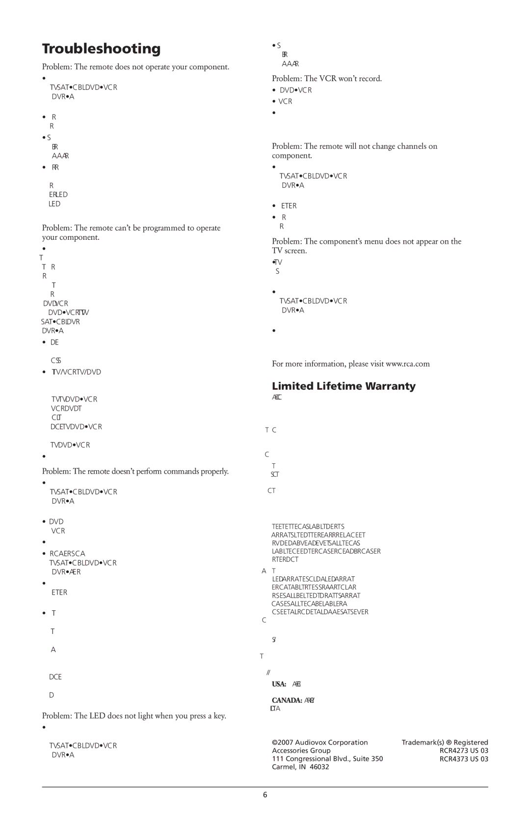 RCA RCR4273, RCR4373 owner manual Troubleshooting, Limited Lifetime Warranty 