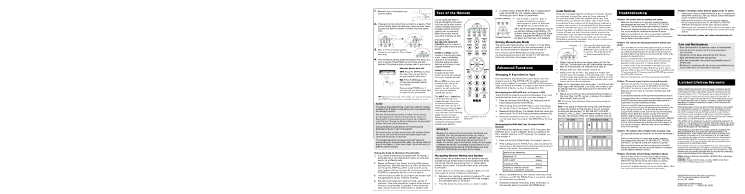 RCA RCR4273N warranty Code Retrieval, Exiting Menu/Guide Mode, Changing a Key’s Device Type, Care and Maintenance 