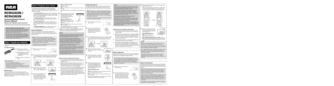 RCA RCR4383N, RCR4283N owner manual Install your batteries, Program your remote 