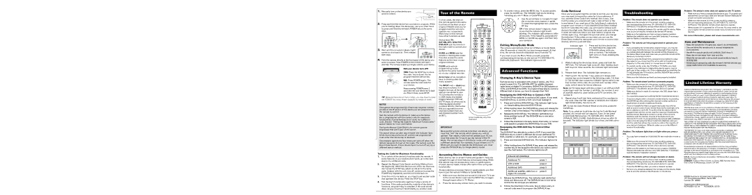 RCA RCR4283N, RCR4383N owner manual Tour of the Remote, Advanced Functions, Troubleshooting, Limited Lifetime Warranty 