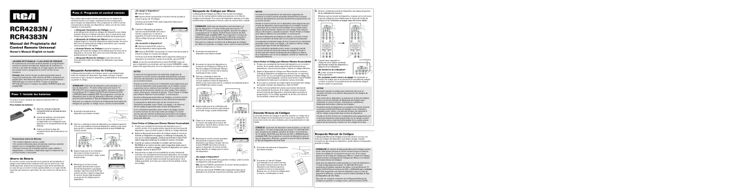 RCA RCR4383N Manual del Propietario del Control Remoto Universal, Paso 1 Instale las baterías, Ahorro de Batería, Notas 
