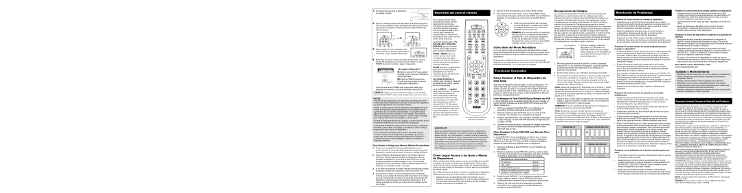 RCA RCR4283N Recorrido del control remoto, Resolución de Problemas, Funciones Avanzadas, Recuperación de Códigos, Notas 