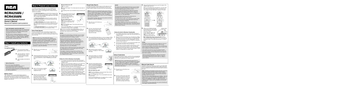 RCA RCR4258N owner manual Manual del Propietario parte posterior, Battery Saver, Auto Code Search, Brand Code Search 