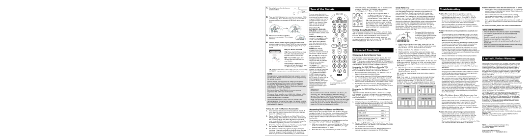 RCA RCR4358N, RCR4258N Code Retrieval, Exiting Menu/Guide Mode, Changing a Key’s Device Type, Care and Maintenance 