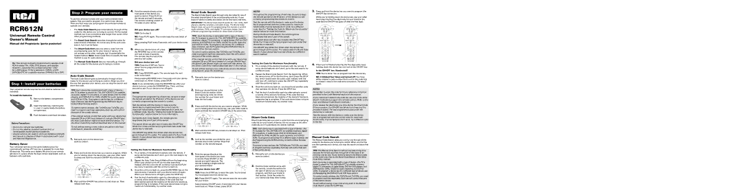 RCA RCR612N owner manual Manual del Propietario parte posterior, Battery Saver, Auto Code Search, Brand Code Search 