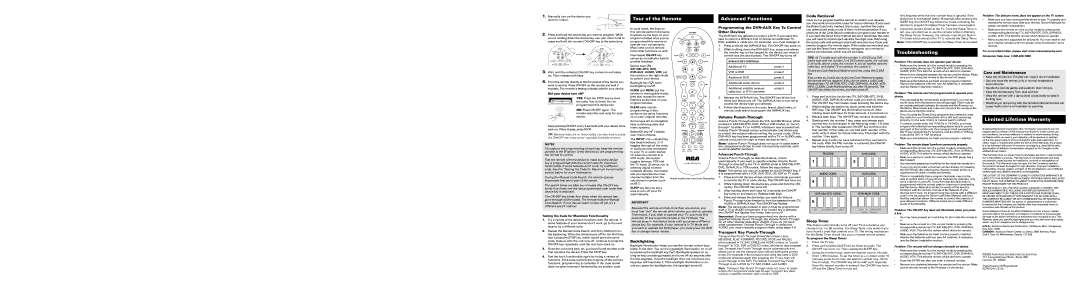 RCA RCR612N Code Retrieval, Programming the Dvraux Key To Control Other Devices, Volume Punch-Through, Backlighting 