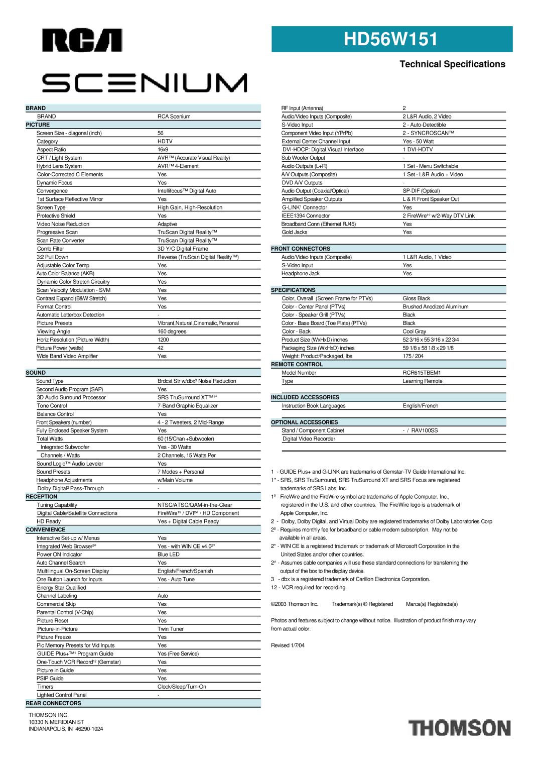 RCA RCR615TBEM1 manual Brand, Picture, Sound, Reception, Convenience, Rear Connectors, Front Connectors, Specifications 