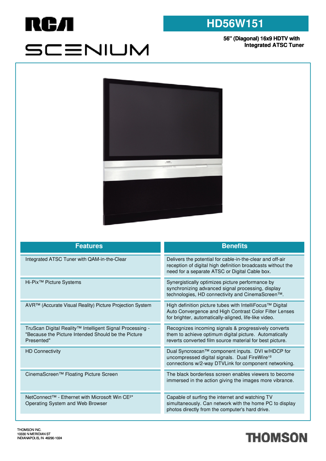 RCA RCR615TBEM1 manual HD56W151, Diagonal 16x9 HDTV with Integrated ATSC Tuner, Features, Benefits 