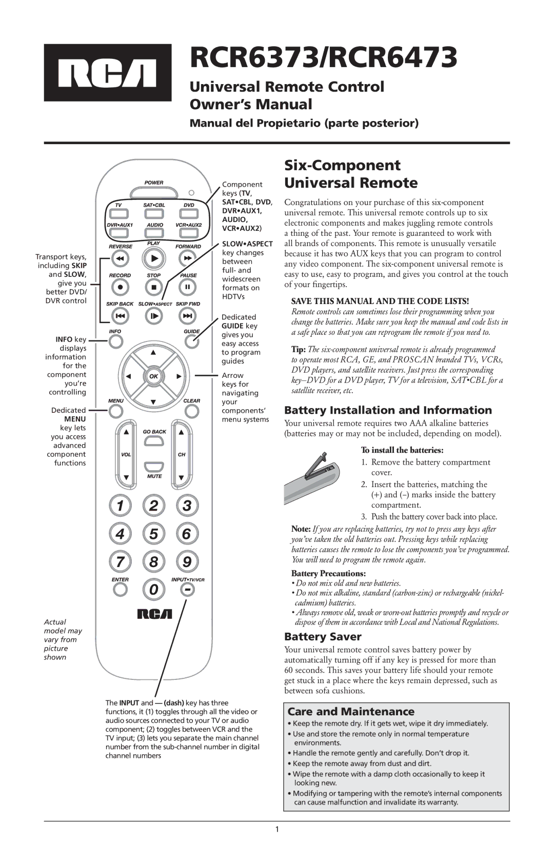 RCA RCR6373 owner manual Universal Remote Control, Six-Component Universal Remote 