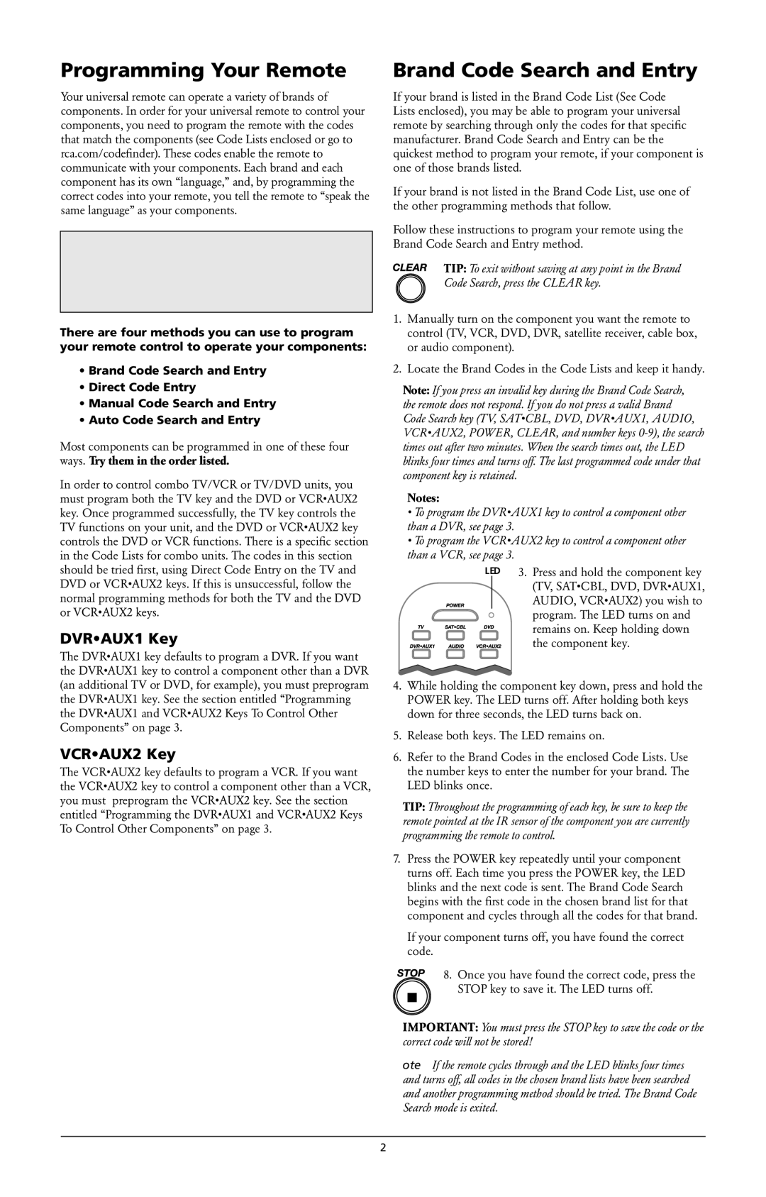 RCA RCR6373 Programming Your Remote, Brand Code Search and Entry, RCA Easy Interactive Code Finder, DVRAUX1 Key 