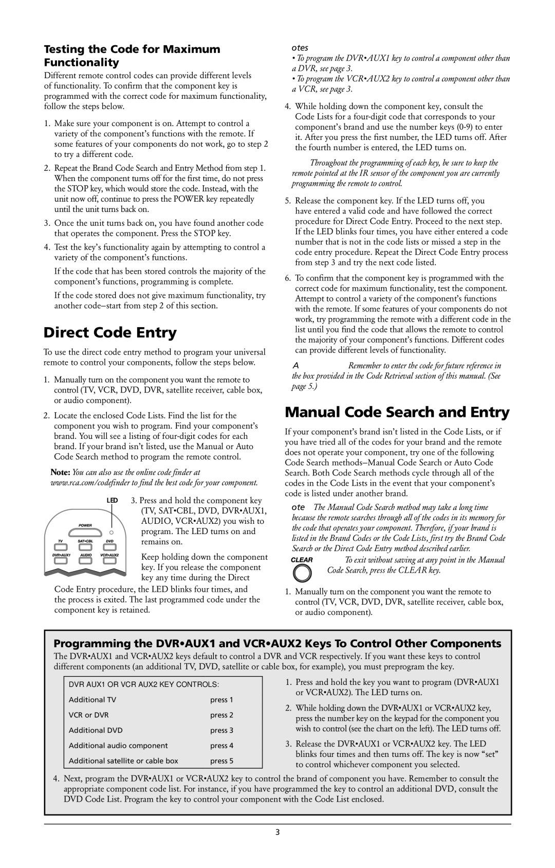 RCA RCR6373 owner manual Direct Code Entry, Manual Code Search and Entry, Testing the Code for Maximum Functionality 