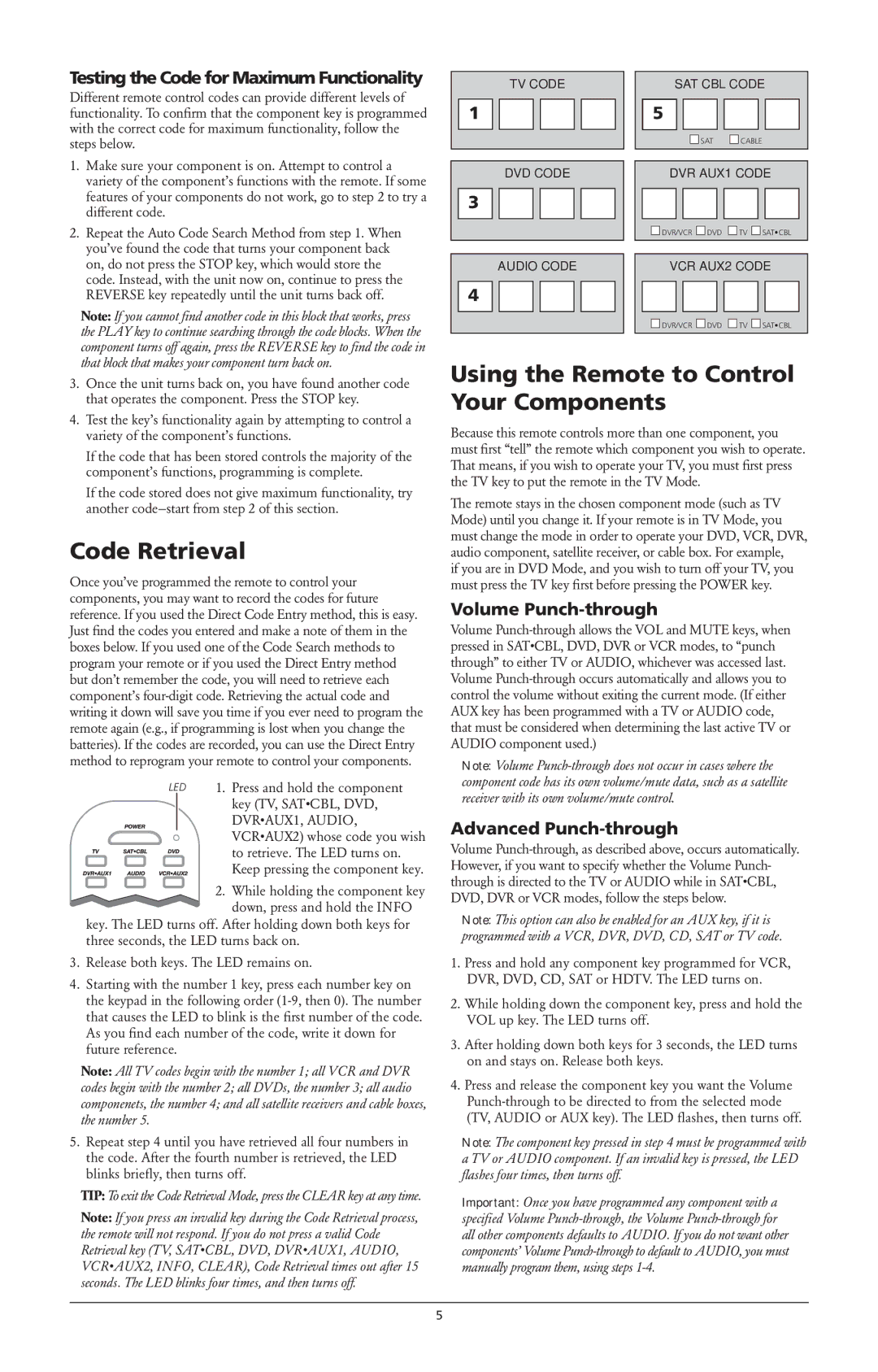 RCA RCR6373 Code Retrieval, Using the Remote to Control Your Components, Volume Punch-through, Advanced Punch-through 