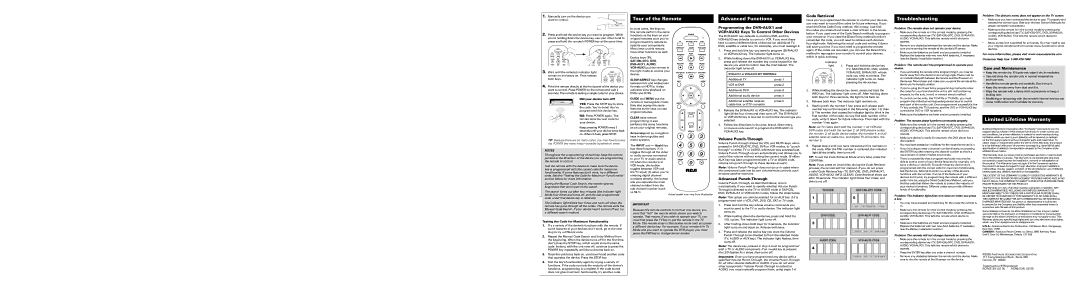 RCA RCR6373N, RCR6473N owner manual Tour of the Remote, Advanced Functions, Troubleshooting, Limited Lifetime Warranty 