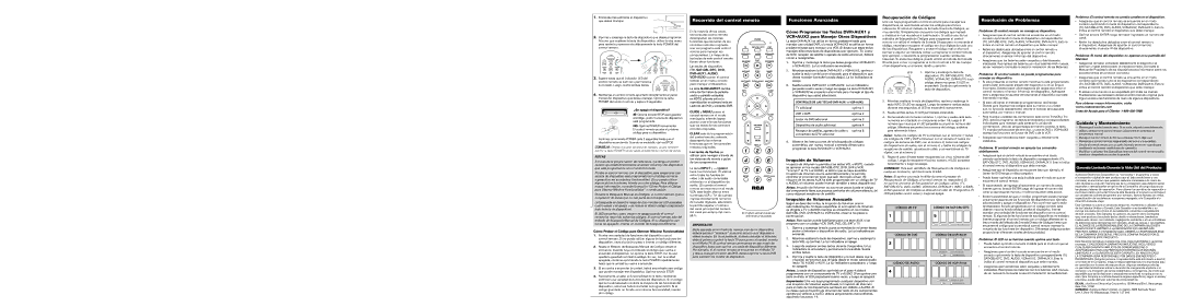 RCA RCR6373N, RCR6473N owner manual Recuperación de Códigos, Irrupción de Volumen Avanzada, Cuidado y Mantenimiento 