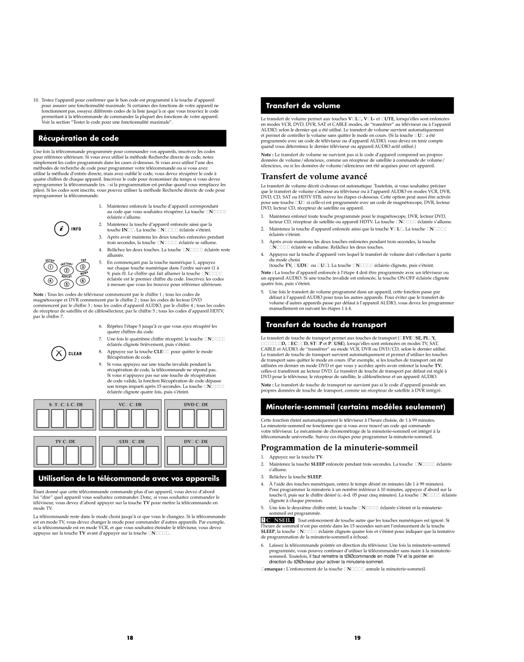 RCA RCR812 manual Transfert de volume avancé, Programmation de la minuterie-sommeil 