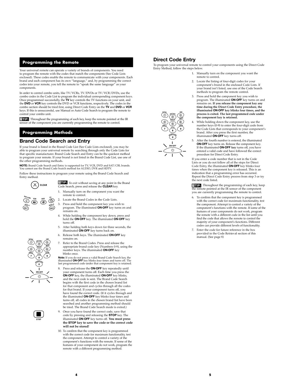 RCA RCR812 manual Brand Code Search and Entry, Direct Code Entry, Programming the Remote, Programming Methods 