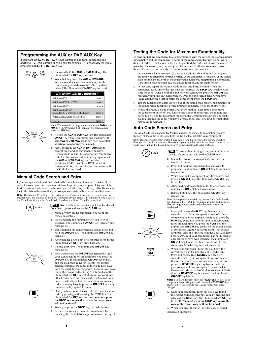 RCA RCR812 Programming the AUX or DVR·AUX Key, Manual Code Search and Entry, Testing the Code for Maximum Functionality 