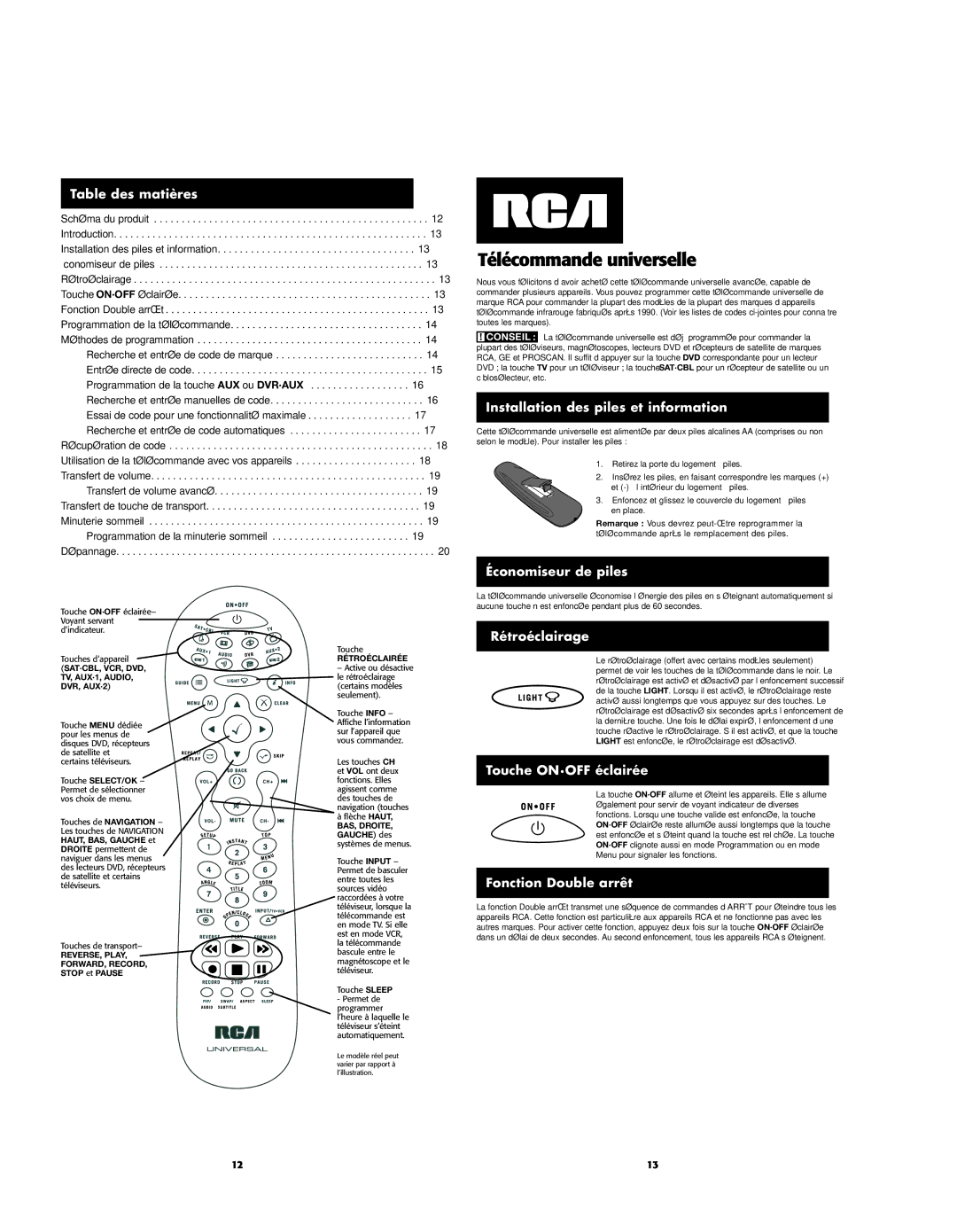 RCA RCR812 manual Table des matières, Installation des piles et information, Économiseur de piles, Rétroéclairage 