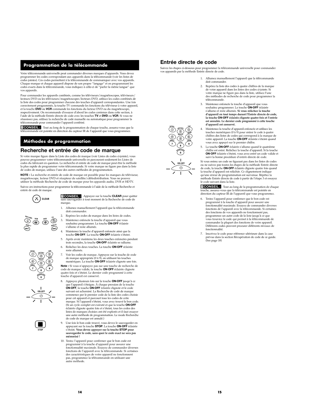 RCA RCR812 manual Recherche et entrée de code de marque, Entrée directe de code, Programmation de la télécommande 