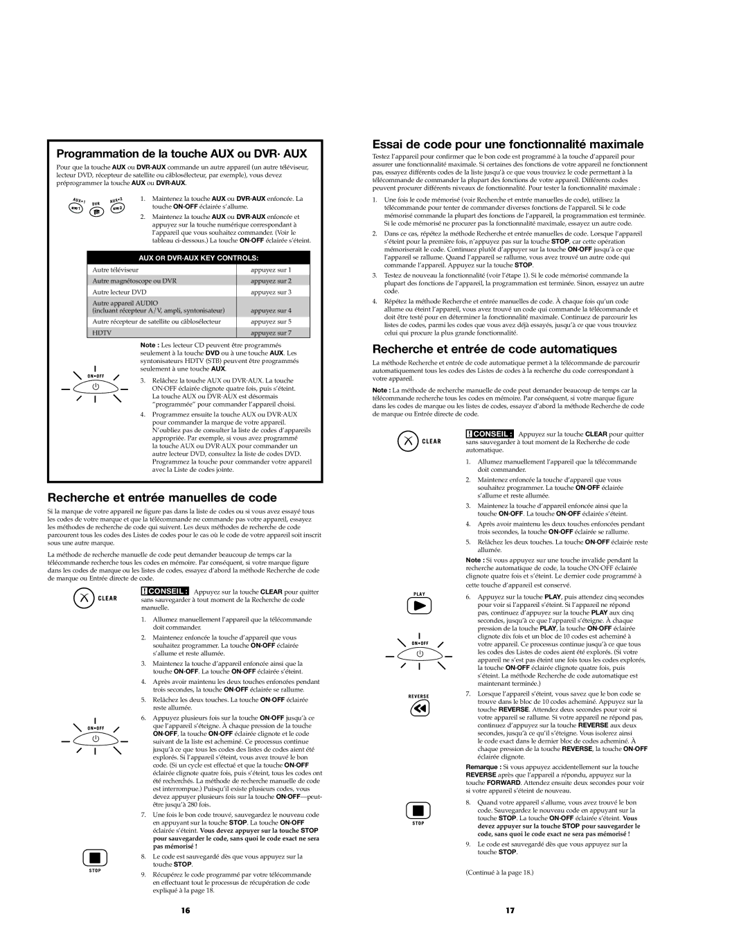 RCA RCR812 manual Recherche et entrée manuelles de code, Essai de code pour une fonctionnalité maximale 