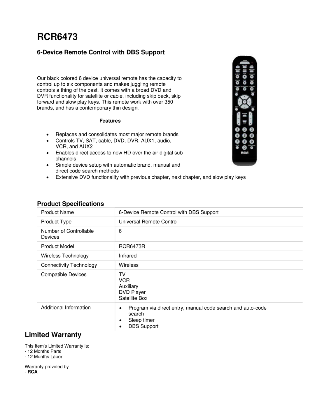 RCA RCR8473 specifications RCR6473, Limited Warranty, Device Remote Control with DBS Support, Product Specifications 