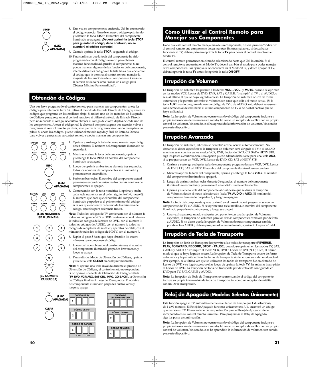 RCA RCR860 manual Irrupción de Volumen Obtención de Códigos, Irrupción Avanzada, Irrupción de Tecla de Transporte 