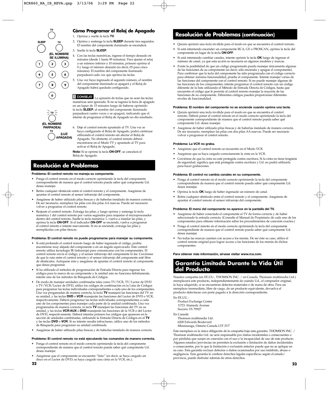 RCA RCR860 manual Resolución de Problemas continuación, Garantía Limitada Durante la Vida Útil del Producto 