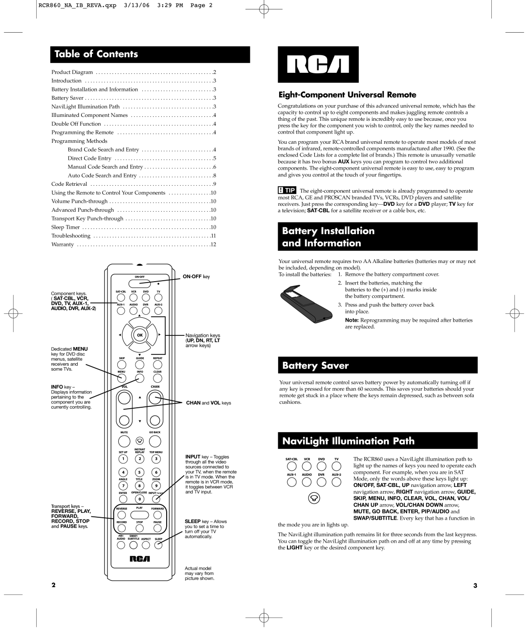 RCA RCR860 manual Table of Contents, Battery Installation Information, Battery Saver, NaviLight Illumination Path 