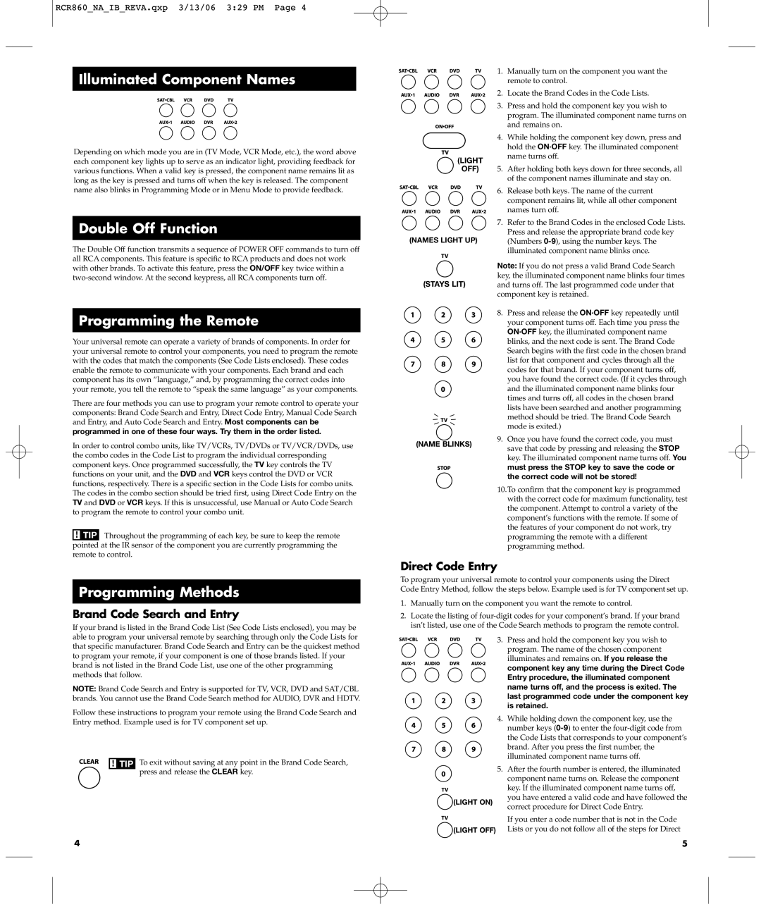 RCA RCR860 manual Illuminated Component Names, Double Off Function, Programming the Remote, Programming Methods 