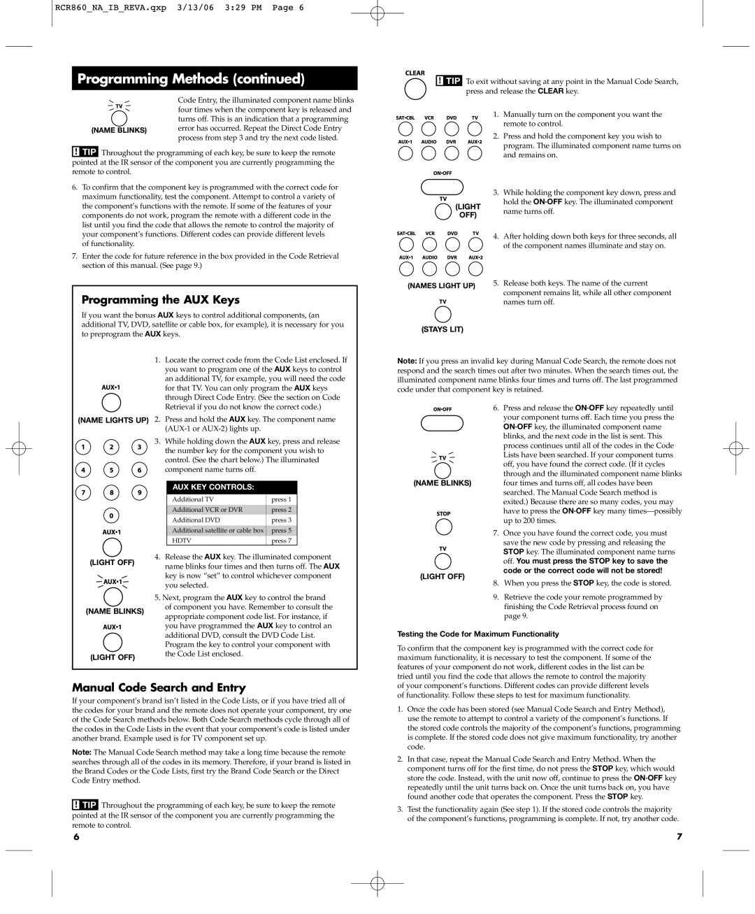 RCA RCR860 Programming the AUX Keys, Manual Code Search and Entry, Stays LIT Name Lights UP Light OFF Name Blinks 