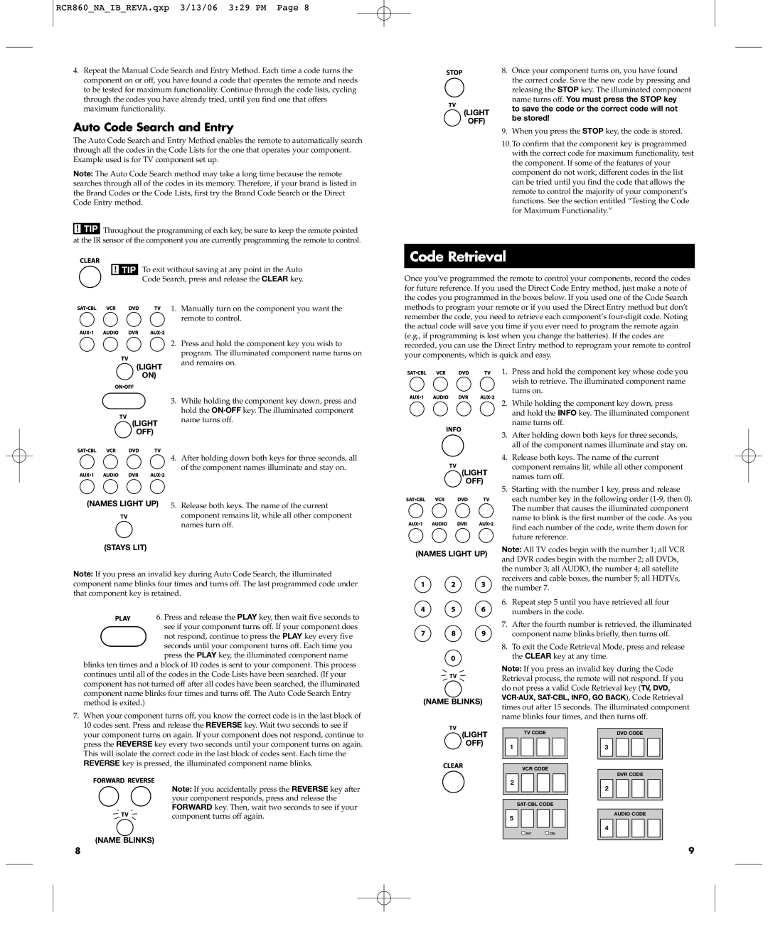 RCA RCR860 manual Code Retrieval, Auto Code Search and Entry, Light OFF Names Light UP Name Blinks, Name Blinks Light 