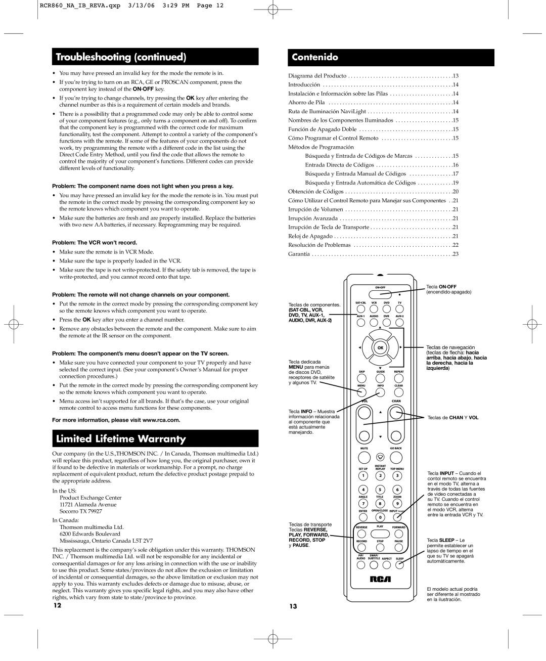 RCA RCR860 manual Limited Lifetime Warranty, Contenido, Problem The VCR won’t record 