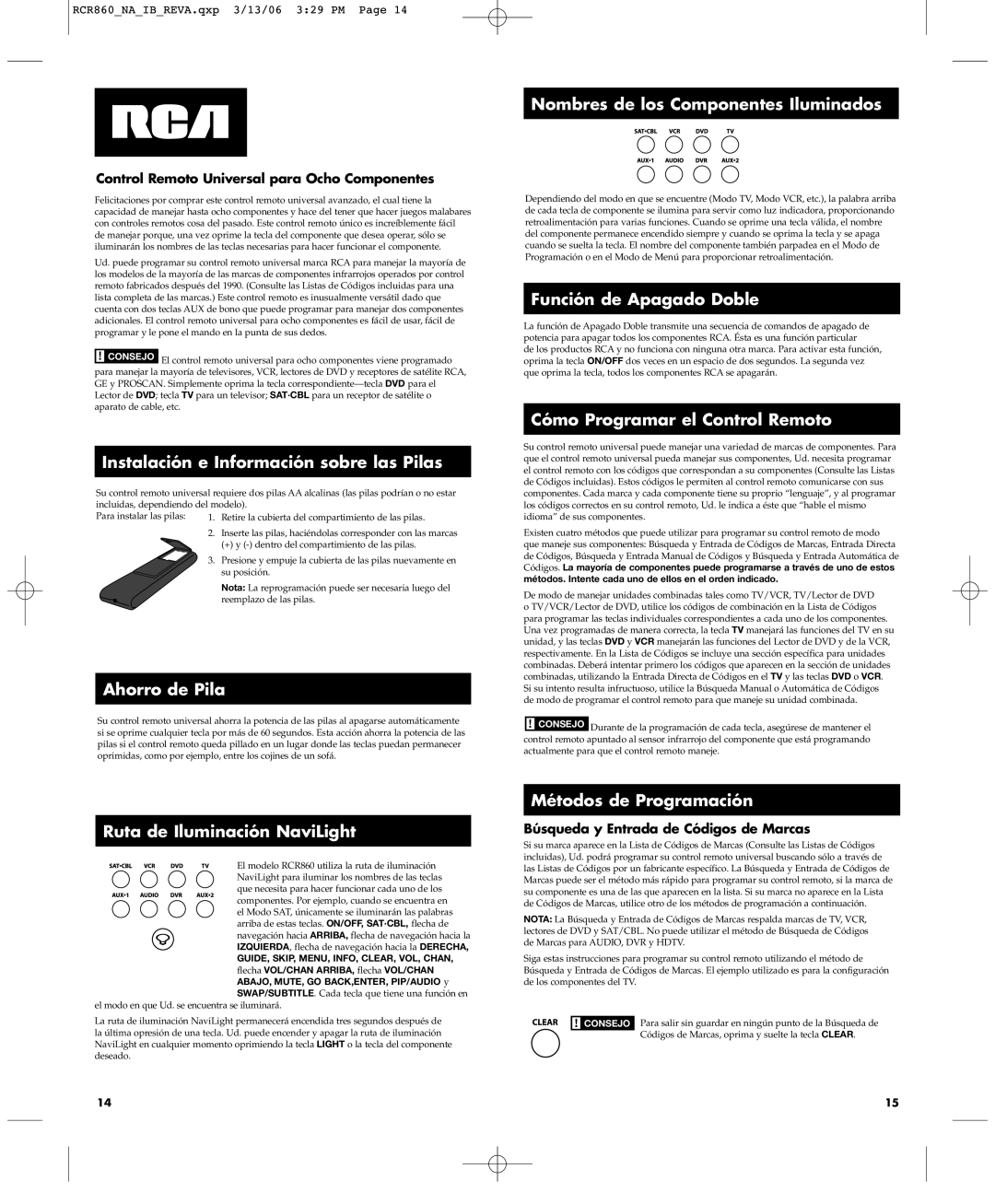 RCA RCR860 manual Nombres de los Componentes Iluminados, Función de Apagado Doble, Cómo Programar el Control Remoto 