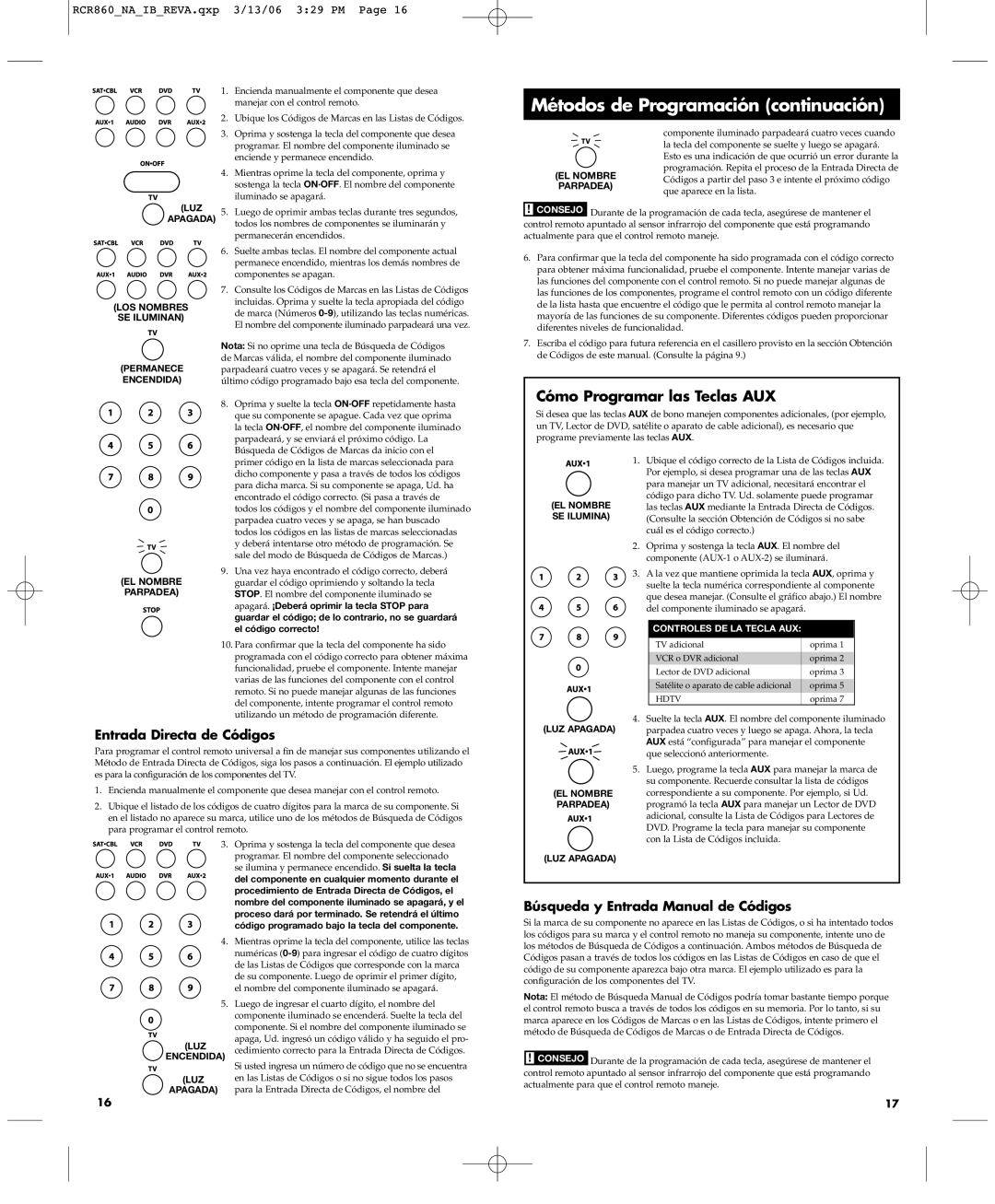 RCA RCR860 manual Métodos de Programación continuación, Cómo Programar las Teclas AUX, Entrada Directa de Códigos 