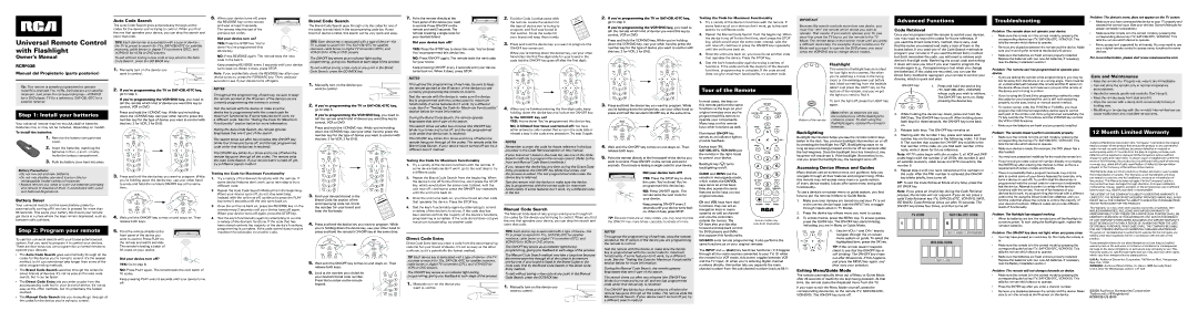 RCA RCRF03B owner manual Auto Code Search, Brand Code Search, Flashlight, Code Retrieval, Care and Maintenance 
