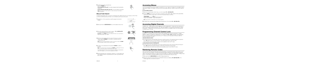 RCA RCRH02BR manual Accessing Menus, Accessing Digital Channels, Programming Channel Control Lock, Retrieving Remote Codes 