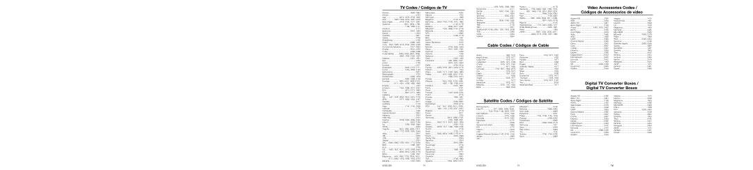 RCA RCRHM02BR manual TV Codes / Códigos de TV, Video Accessories Codes, Códigos de Accessorios de vídeo 