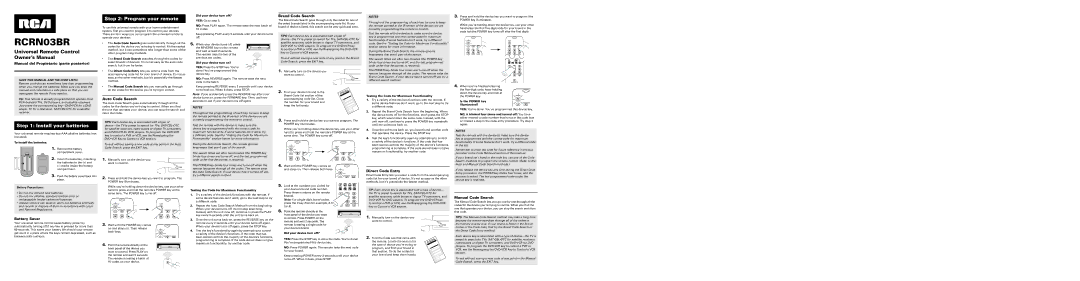 RCA RCRN03BR owner manual Install your batteries, Program your remote 
