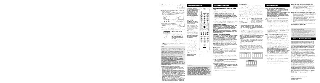 RCA RCRN03BR owner manual Tour of the Remote, Advanced Functions, Troubleshooting, Limited Lifetime Warranty 