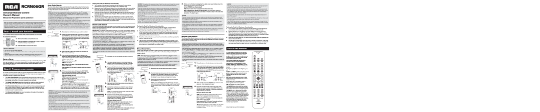 RCA RCRN06GR owner manual Universal Remote Control Owner’s Manual, Install your batteries, Tour of the Remote 